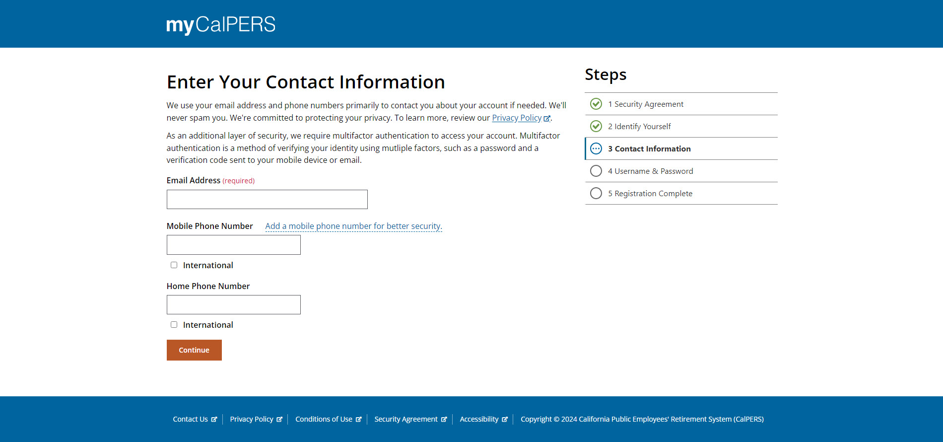 Enter Your Contact Information screen that displays a required Email Address form field to fill out and optional Mobile and Home Phone Numbers fields that a user can choose to fill out