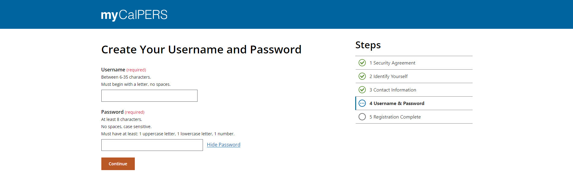 Create Your Username and Password screen that displays the required Username and Password form fields that a user will fill out